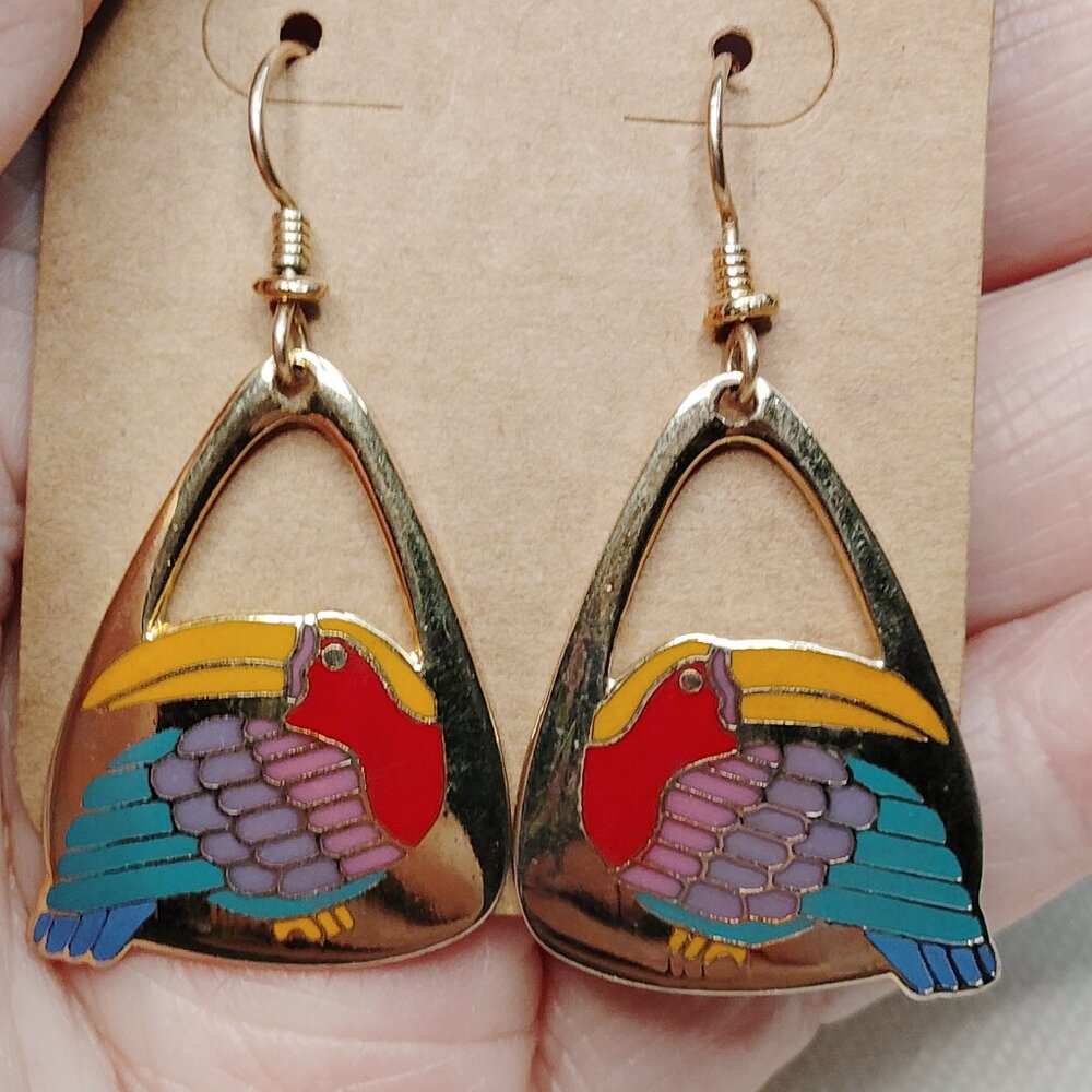 Signed Laurel Burch Toucan Earrings Vintage Enamel Dangle 1.75 Inch Drop